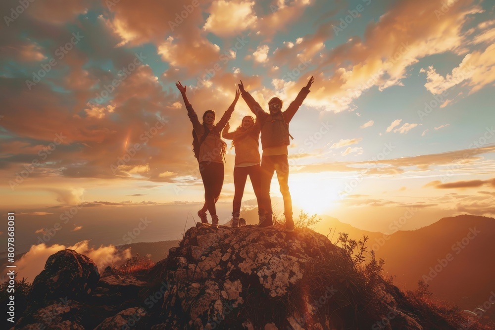 happy man raising his arms jumps to the top of the mountain - a ...