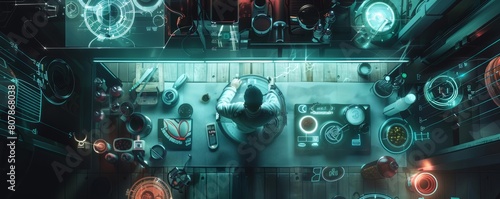 Craft a digital composition presenting a top-down view of a futuristic cooking laboratory in a dystopian world