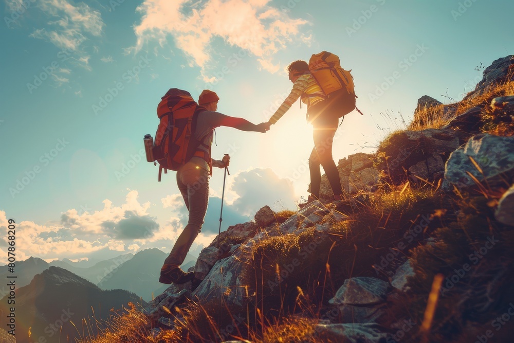 happy man raising his arms jumps to the top of the mountain - a ...