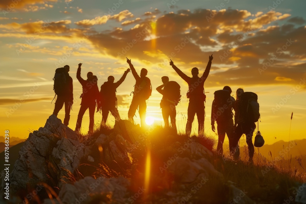 Triumphant hiker on mountain summit - celebrating success - outdoor lifestyle concept. Beautiful simple AI generated image in 4K, unique.