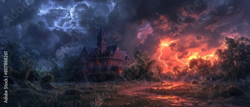 haunted mansion in a thunderstorm, wide eerie landscape