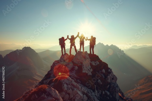Happy hiker on mountain top - celebrating success - young man climbing to fulfill life. Beautiful simple AI generated image in 4K, unique. photo