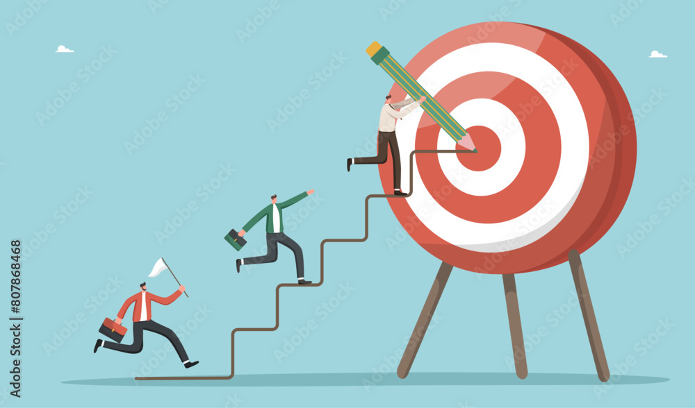 Leadership for helping employees achieve business goals, teamwork intelligence or motivation for high results, mentoring for accuracy in goal setting, leader drawing path to target on dartboard. Leadership for helping employees achieve business goals, teamwork intelligence or motivation for high results, mentoring for accuracy in goal setting, leader drawing path to target on dartboard.
