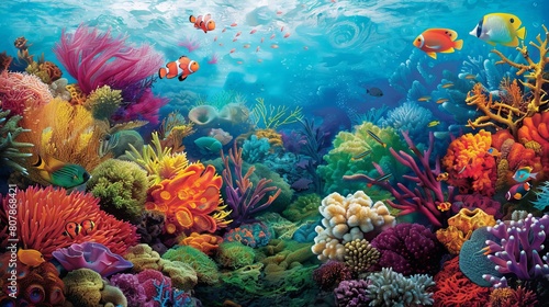 A colorful coral reef bustling with marine life, showcasing bright corals and fish,