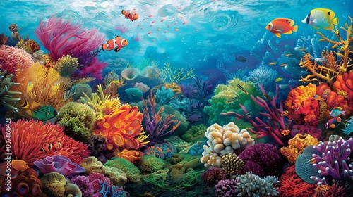 Fototapeta Naklejka Na Ścianę i Meble -  A colorful coral reef bustling with marine life, showcasing bright corals and fish,