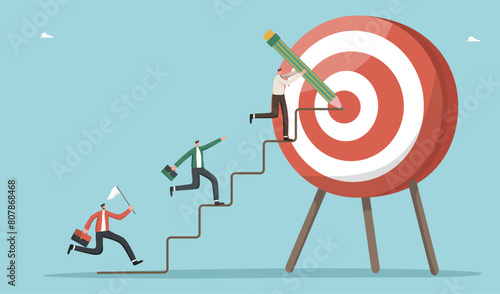 Leadership for helping employees achieve business goals, teamwork intelligence or motivation for high results, mentoring for accuracy in goal setting, leader drawing path to target on dartboard.