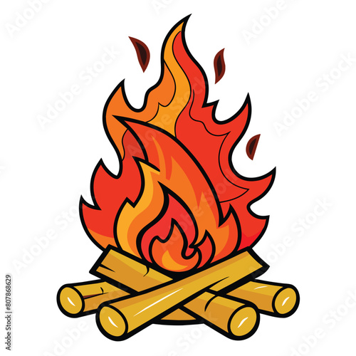 A drawing of a campfire being lit with two sticks, showing flames starting to rise. Generative AI