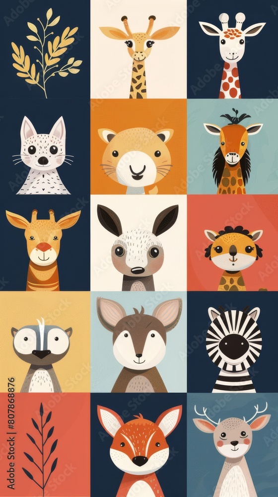 Cute cartoon animals. Giraffe, cat, tiger, deer, kangaroo, tiger, lemur, fox and elk.