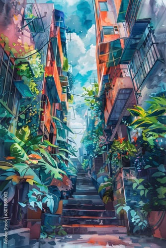 Craft a watercolor painting that transforms an urban exploration scene into a dreamlike landscape Merge the tangible with the abstract using unexpected camera angles © supansa
