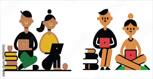 Men and women sit atop a stack of books, engaged in studying and discussion. Generative AI