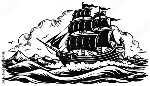 A black and white drawing of a pirate ship navigating the vast ocean. pirate ship illustration on white background. Generative AI