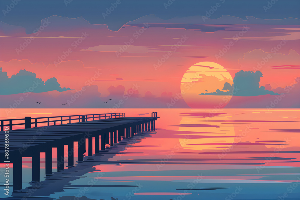 Obraz premium Sunset Seascape with Pier in Flat Color