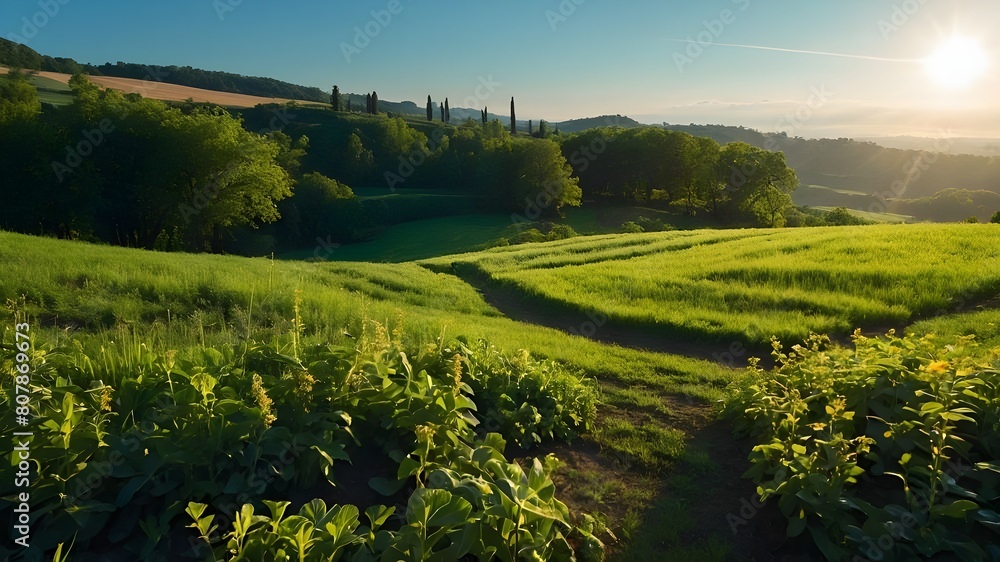 Obraz premium landscape with green grass and sun, trees, green courtyard wallpaper, grass and trees in the spring