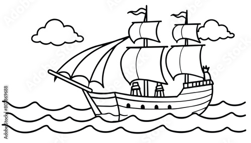 A black and white drawing of a pirate ship sailing through the vast ocean waves. Generative AI