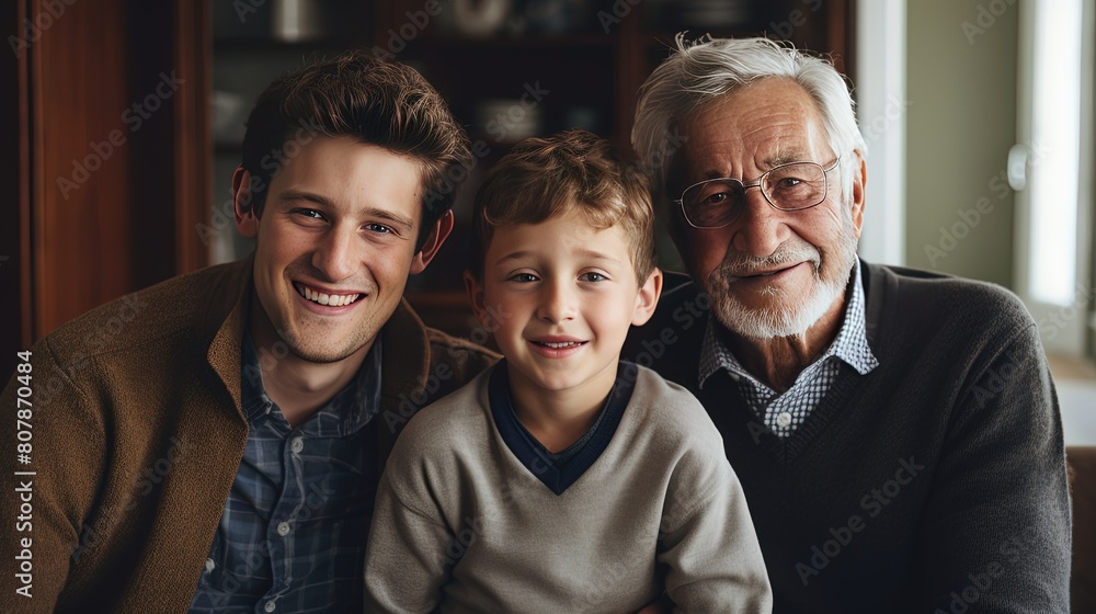 portrait of three generations. smiling Caucasian grandson, father and grandfather hugging and smiling looking at the camera while inside portrait of three generations. smiling Caucasian grandson, father and grandfather hugging and smiling looking at the camera while inside