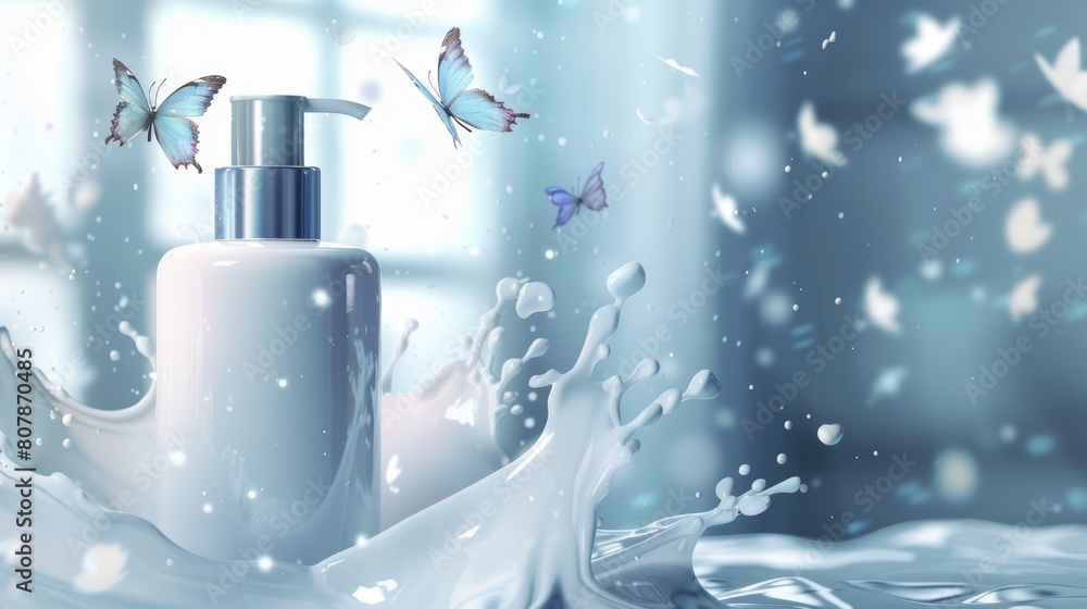 This is a realistic modern blurred background for a skin care cosmetic product. There is a white bottle with a dispenser in milk splash with a crown and flying butterflies. Mock-up for a promotional This is a realistic modern blurred background for a skin care cosmetic product. There is a white bottle with a dispenser in milk splash with a crown and flying butterflies. Mock-up for a promotional