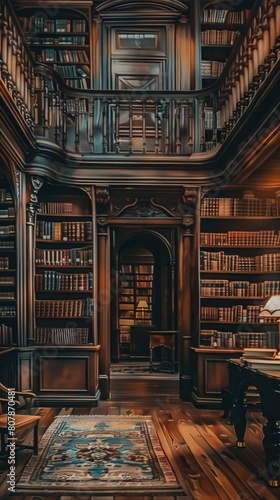A large library with a wooden balcony and bookshelves filled with books.