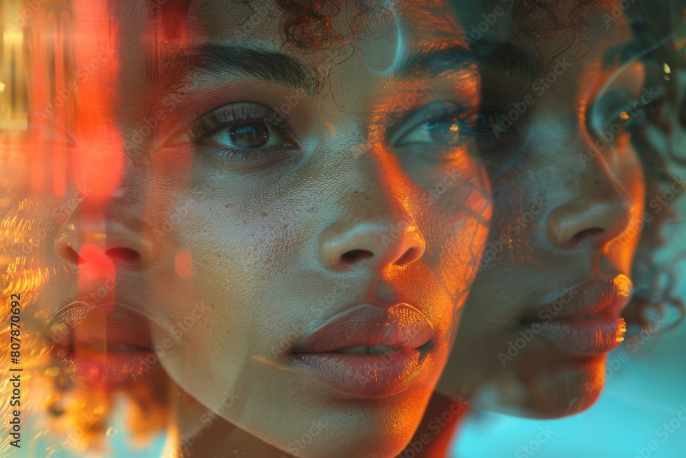 Abstract image of a woman's reflection with neon lights, emphasizing duality Abstract image of a woman's reflection with neon lights, emphasizing duality