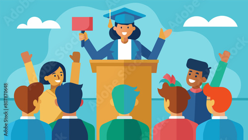A speaker passionately advocating for government funding for higher education as an audience of students and parents listen intently.. Vector illustration