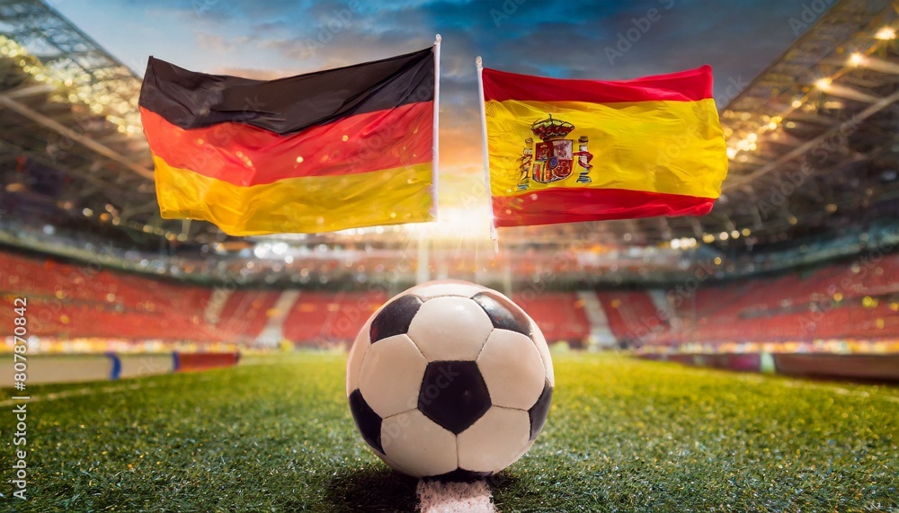 Fototapeta premium German flag Spain flag with football in a stadium for the European Championship