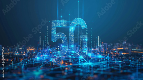 5G network hologram over modern city background. AI.