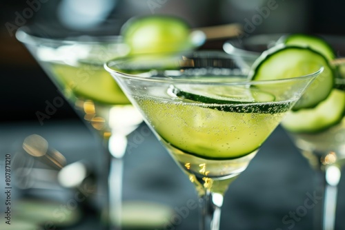 Glasses with a trendy martini cocktail with pickled cucumber and ice on the table in the bar.