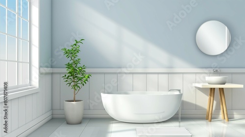 Interior of a modern bathroom with a bathtub