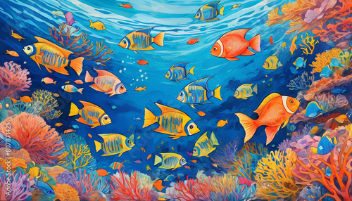 Tropical marine coral reef fish underwater - oil painting 