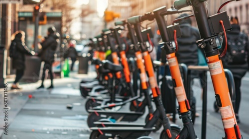 A fleet of modern electric scooters parked neatly along a bustling city sidewalk,with commuters bustling past and the urban skyline towering overhead
