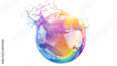 In this realistic modern, a transparent air sphere of rainbow colors deforms and explodes from blowing wind, illustration isolated on white background. © Mark