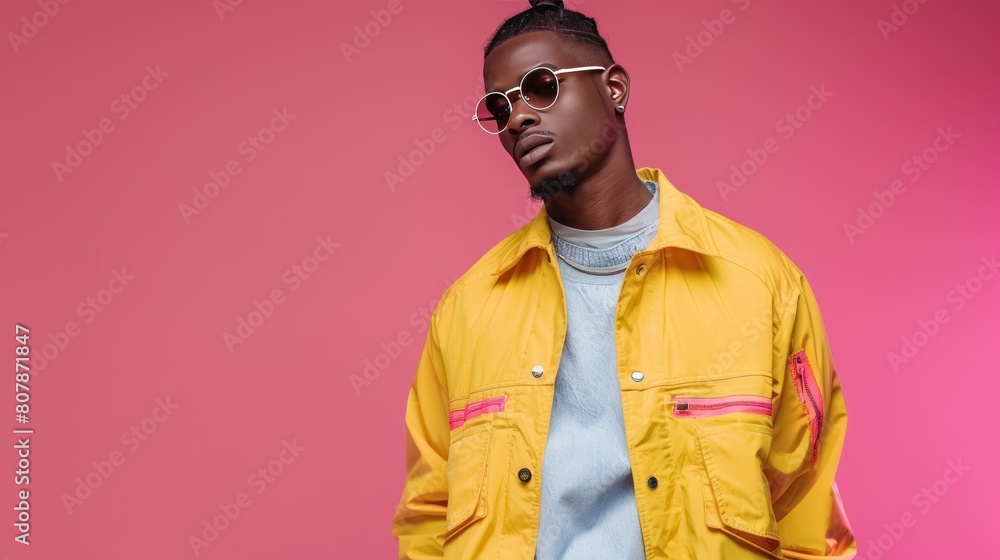 Fototapeta premium Young adult black man in bold hipster clothes posing front of the camera, African-American male model studio shot, background with copy space, diversity and different beauty concept AI generated imag
