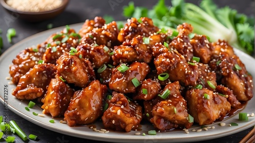 A platter of General Tso's chicken, glazed in a tangy sauce and garnished with sesame seeds and green onions