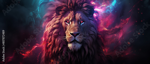 Vibrant Cosmic Lion Art with Fiery Mane and Intense Gaze