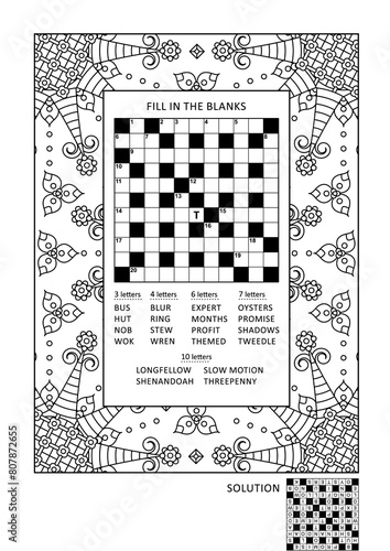Foto Crossword puzzle and coloring activity page for grown-ups with criss-cross, or fill-in, else kriss-kross word game (English) and wide decorative frame to color