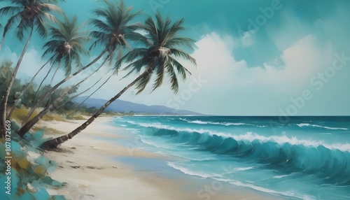 A beach scene with palm trees swaying in the breez