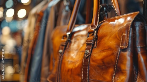 A brown leather bag hanging on a rack in front of other bags, AI