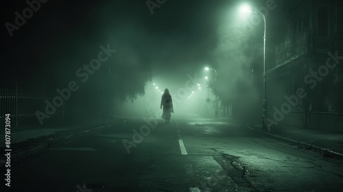 Night Shadows: A lone businessman walks through a dark forest, guided by dim lights, seeking success and freedom photo