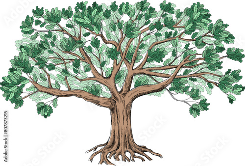 Green oak with a large crown. Family genealogical tree isolated on white background. Big vector illustration. 