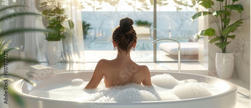tranquil bubble bath moment, woman relaxing, wide bathroom view © Purichaya