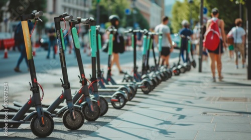 A fleet of modern electric scooters parked neatly along a tree-lined boulevard in a bustling city center,providing convenient and eco-friendly transportation options for urban commuters photo