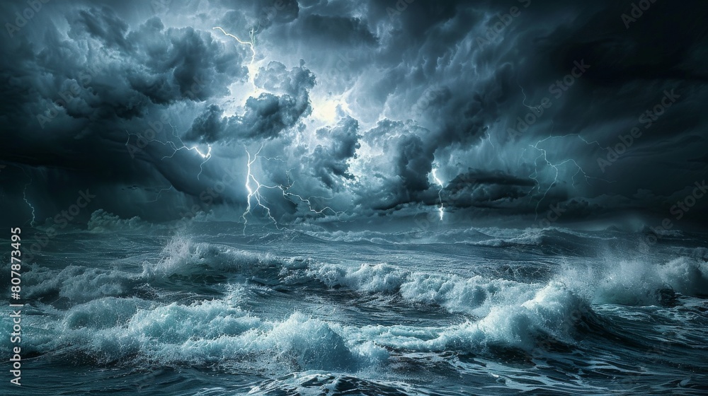 Obraz premium The dark clouds loom over the ocean, and the waves crash against the shore. The storm is coming.
