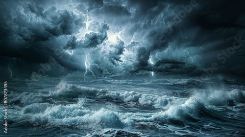 The dark clouds loom over the ocean, and the waves crash against the shore. The storm is coming. photo