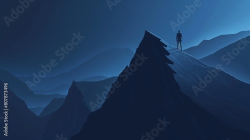 simple lines  logo design  a man standing on the top of the mountain  dark blue color  gradient  copy and text space  16 9
