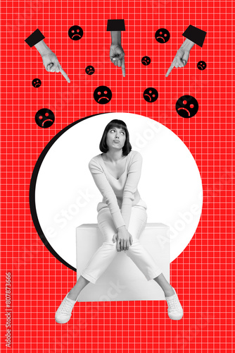 Fotografija Vertical photo collage of upset girl sit alone hand insult point index finger un