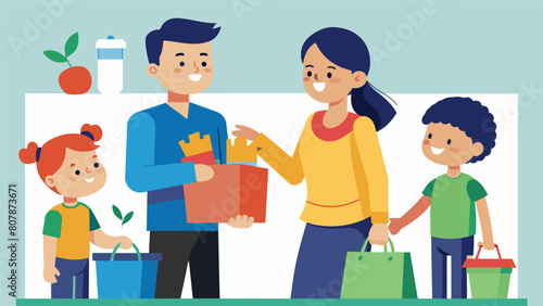 A parent involves their children in the shopping process teaching them about the importance of mindful and ethical consumption..