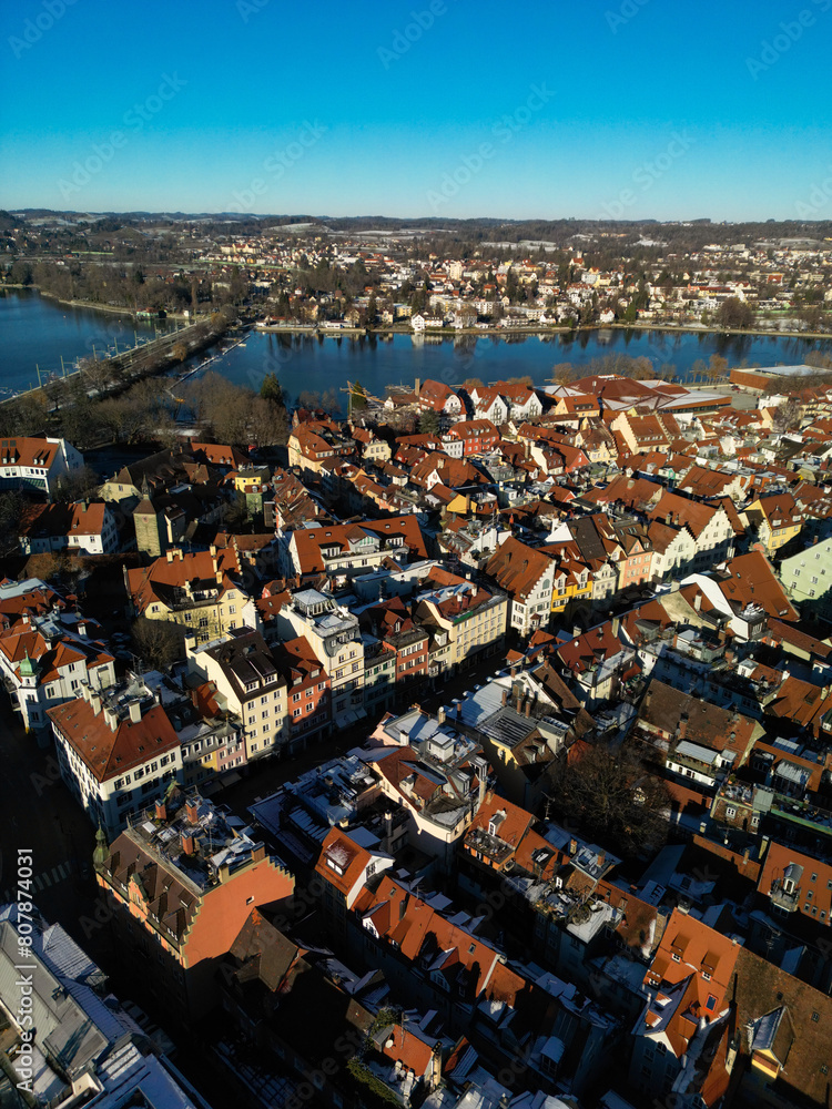 Aerial drone view of German city Lindau architecture on Lake Constance in winter