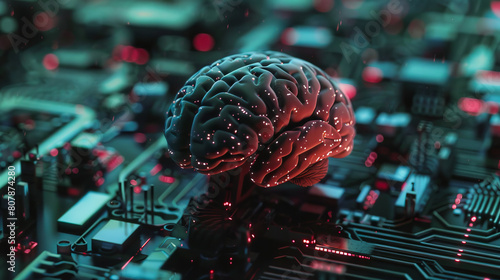 A brain is sitting on top of a computer motherboard.