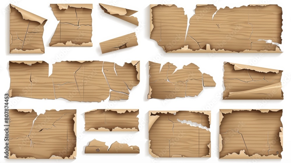 A realistic 3d illustration of ripped cardboard paper pieces isolated on white background. Brown ragged ripped sheet pieces with corrugated texture. A realistic 3d illustration of ripped cardboard paper pieces isolated on white background. Brown ragged ripped sheet pieces with corrugated texture.