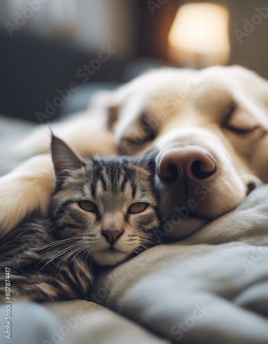 at and dog sleep together in friendship 