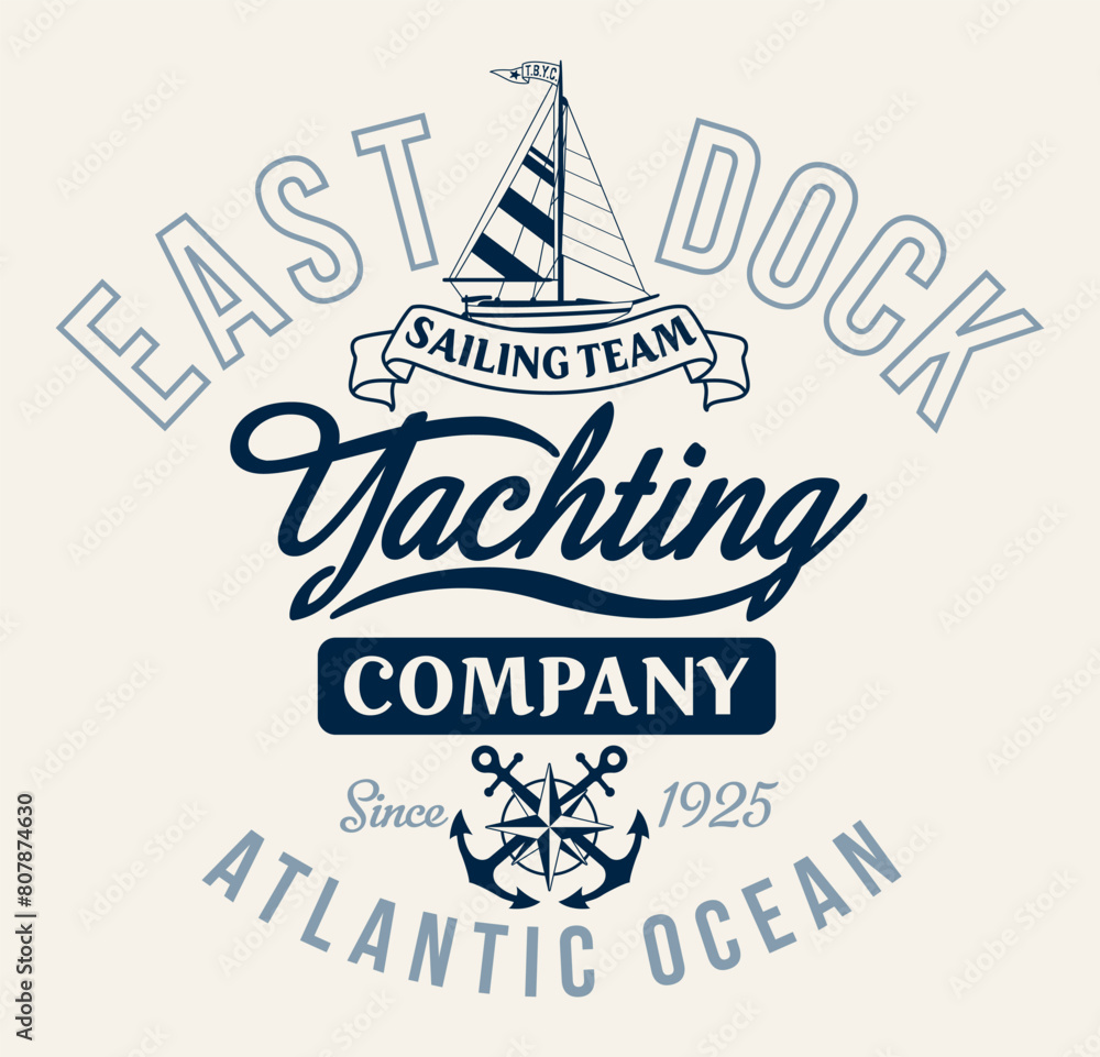 Fototapeta premium East Dock yachting company sailing team cute vintage vector print for children kid boy marine wear tee shirt